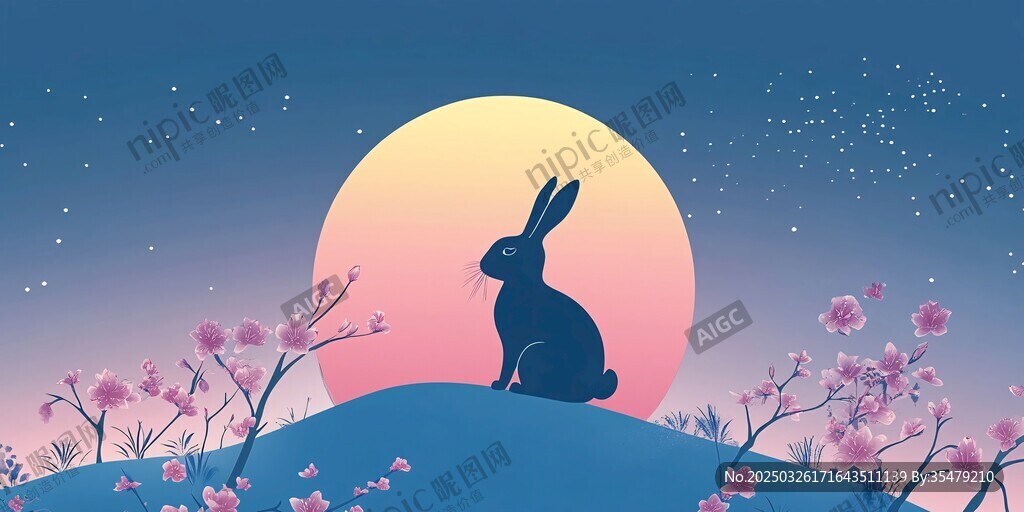 月夜萌兔赏繁花