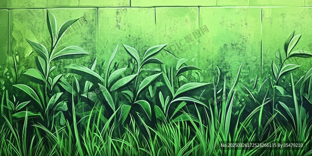 绿色植物砖墙背景插画
