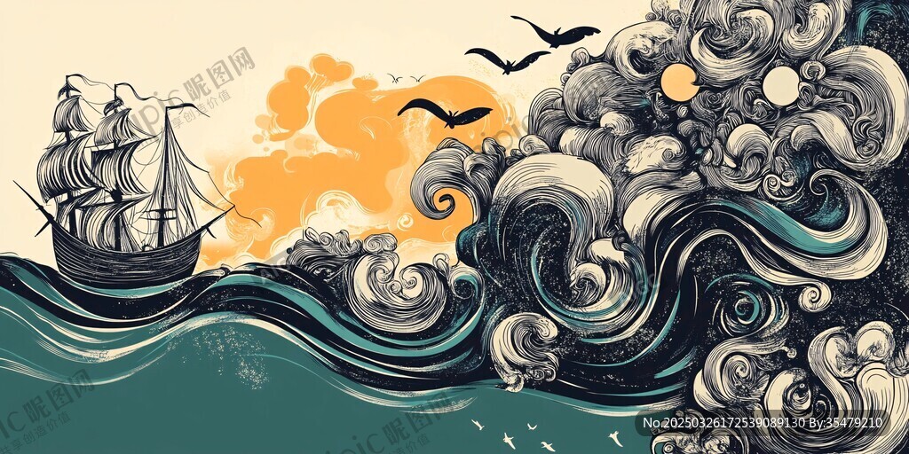 海上帆船与汹涌波涛图景