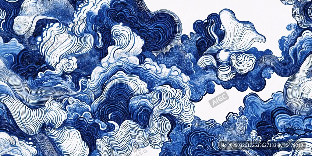 中式蓝白海浪纹样图案