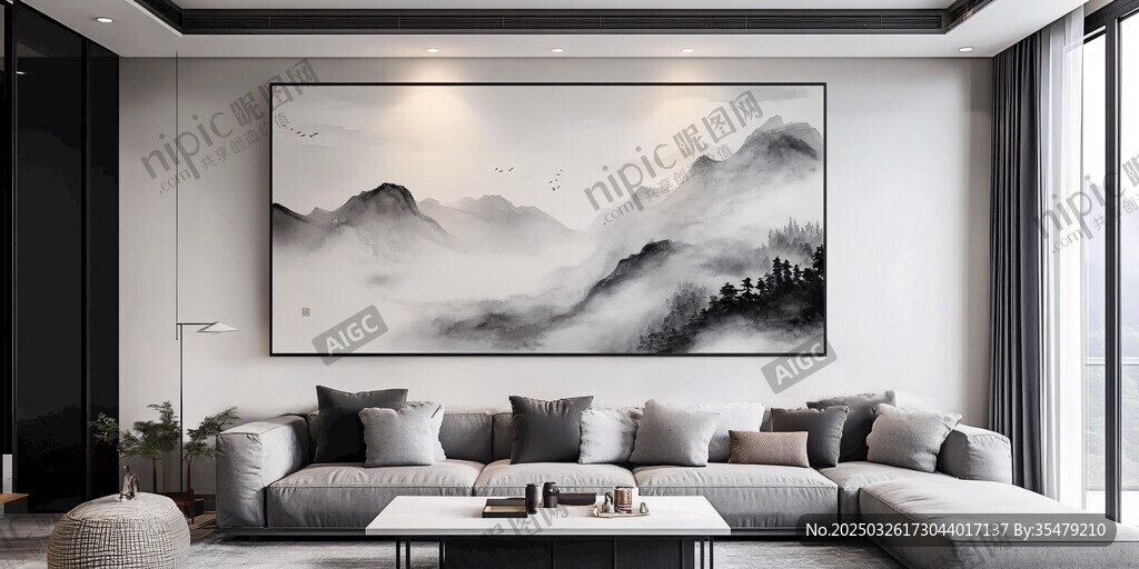 现代客厅的水墨山水装饰画