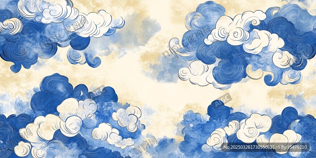 梦幻蓝白云彩水彩背景图