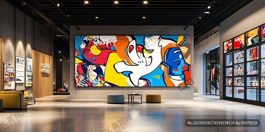 现代艺术展厅中的多彩画作