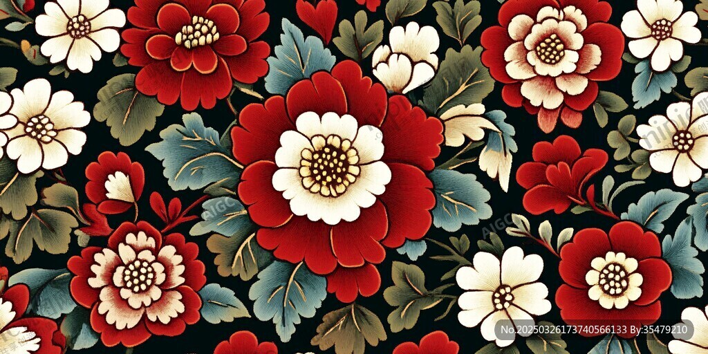 复古花卉图案 红白花饰