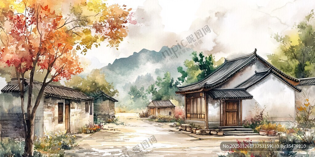 秋日乡村水墨风景图
