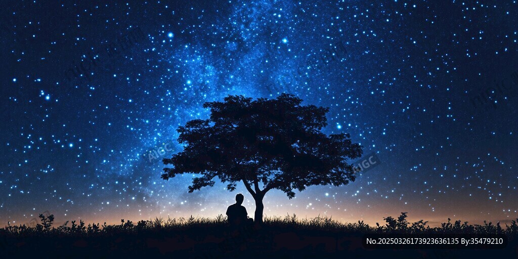 树下静赏星空的孤独身影