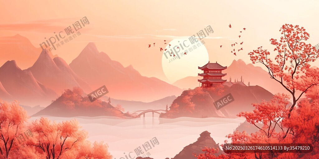 秋日山景中的古韵楼阁