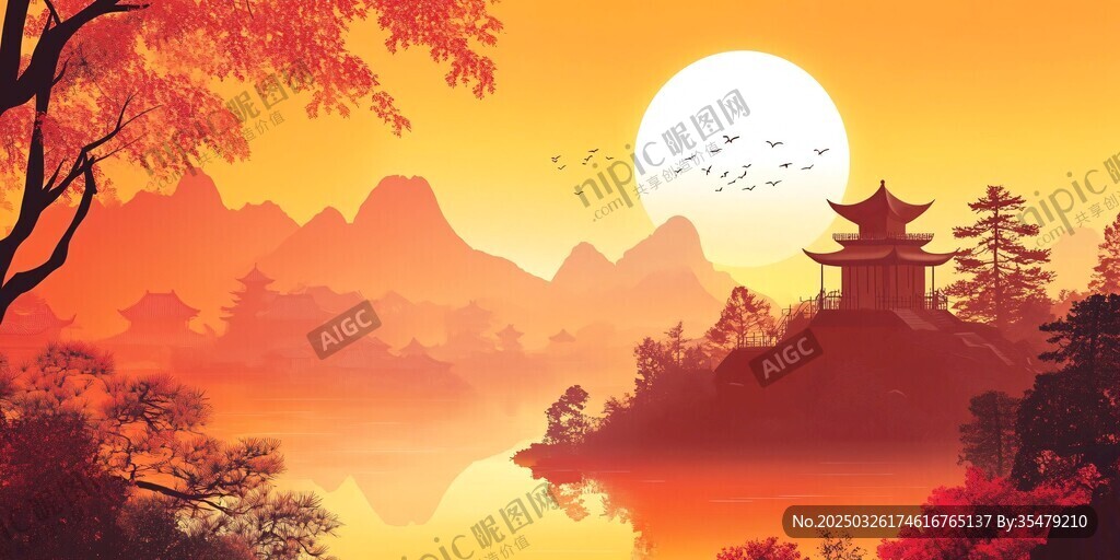 夕阳下的山水古亭美景