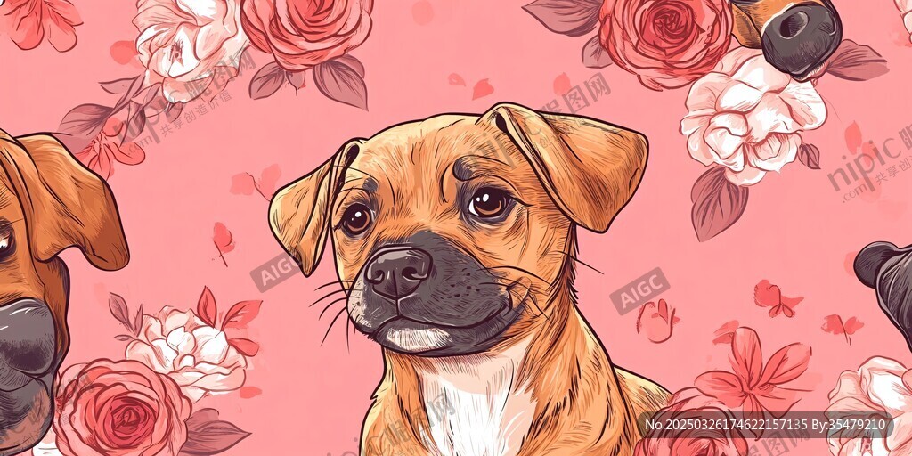 萌犬与花卉的可爱图案