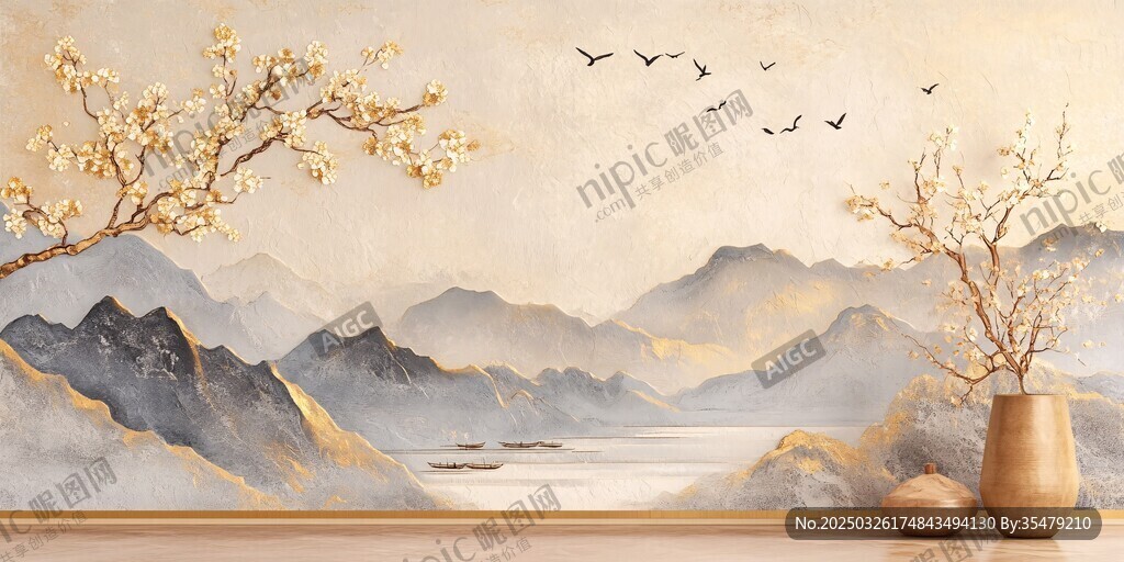 中式山水花鸟背景墙装饰