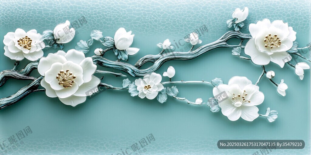 蓝底白瓷花装饰艺术图