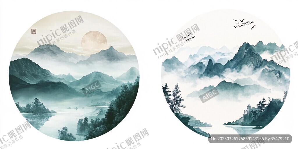 水墨山水圆形画作赏