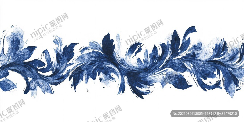 蓝色水墨风花卉边框图案