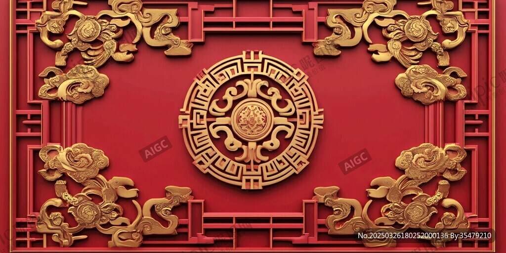 中式红底金色雕花装饰图