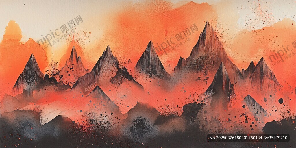 梦幻橙红山水墨画意境图