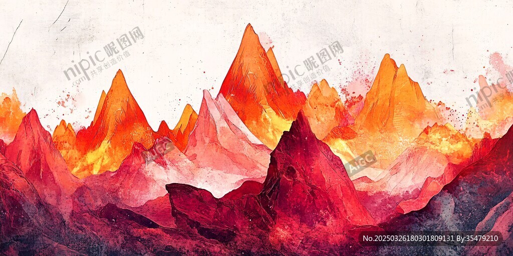 火红山峦水彩画