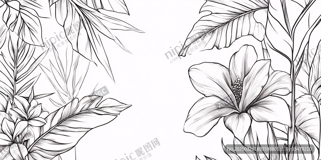 黑白花卉植物线条插画