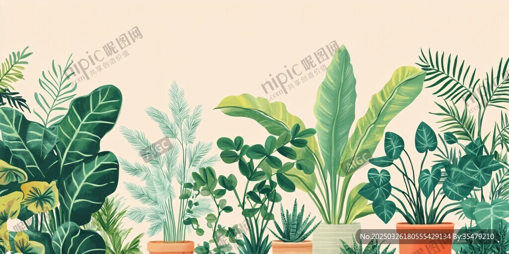 热带绿植盆栽清新插画