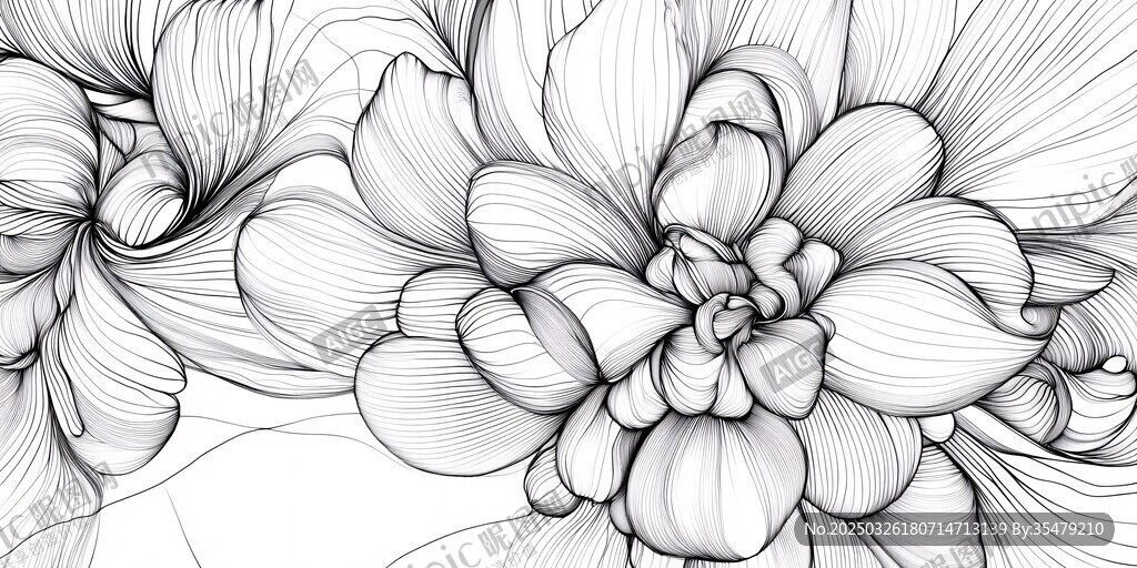 黑白花卉线条艺术插画