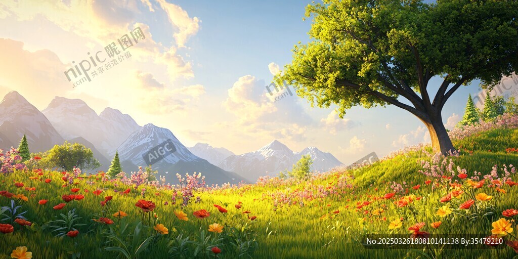春日繁花山丘风景图