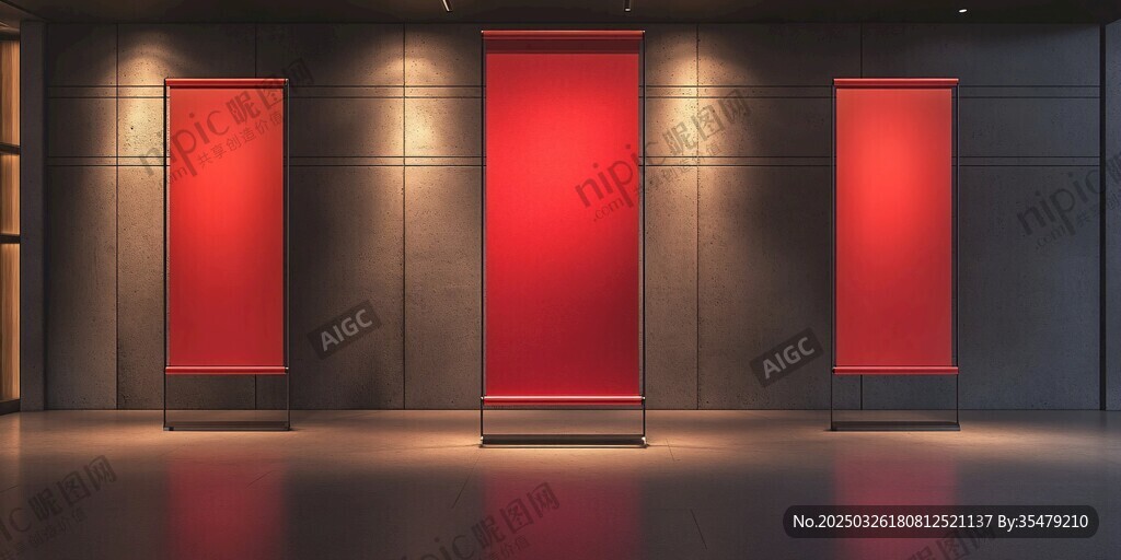 三面红展示板的现代空间