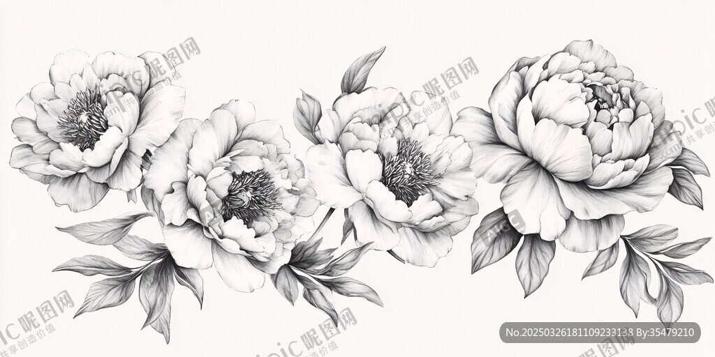 黑白牡丹花卉精致插画
