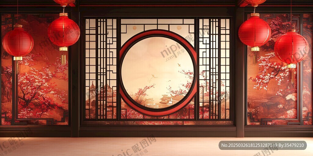 中式古典窗景红灯添雅韵