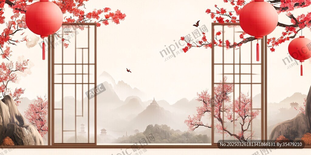中式新春景致 花影映山峦