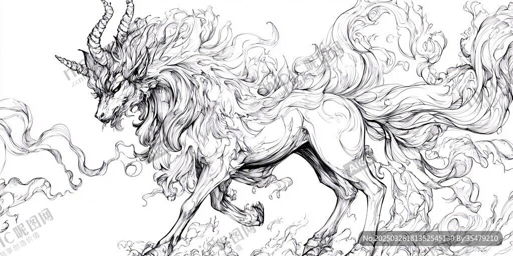 奇幻独角兽线条艺术插画