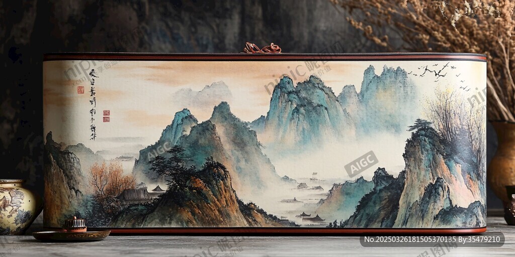 中式山水图案精美收纳箱