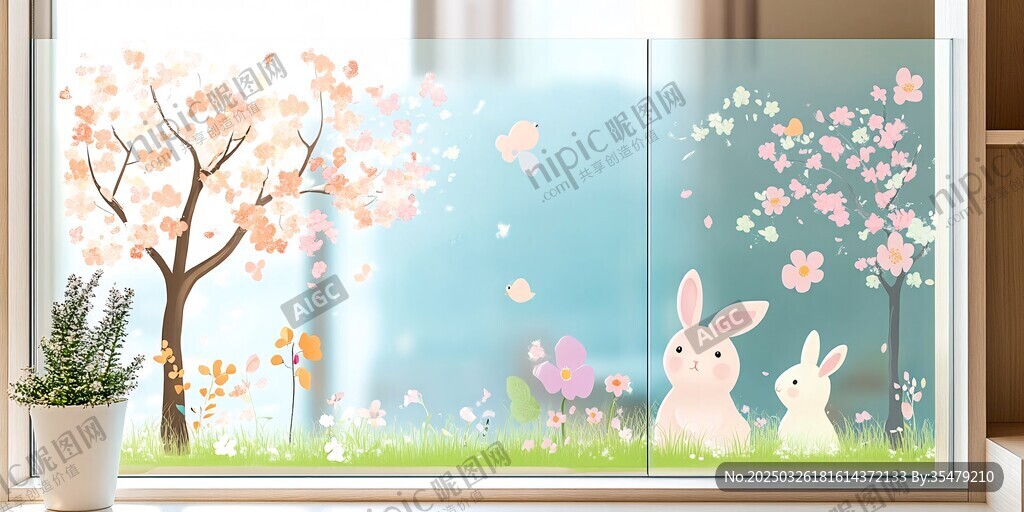 春日萌兔花卉窗景图