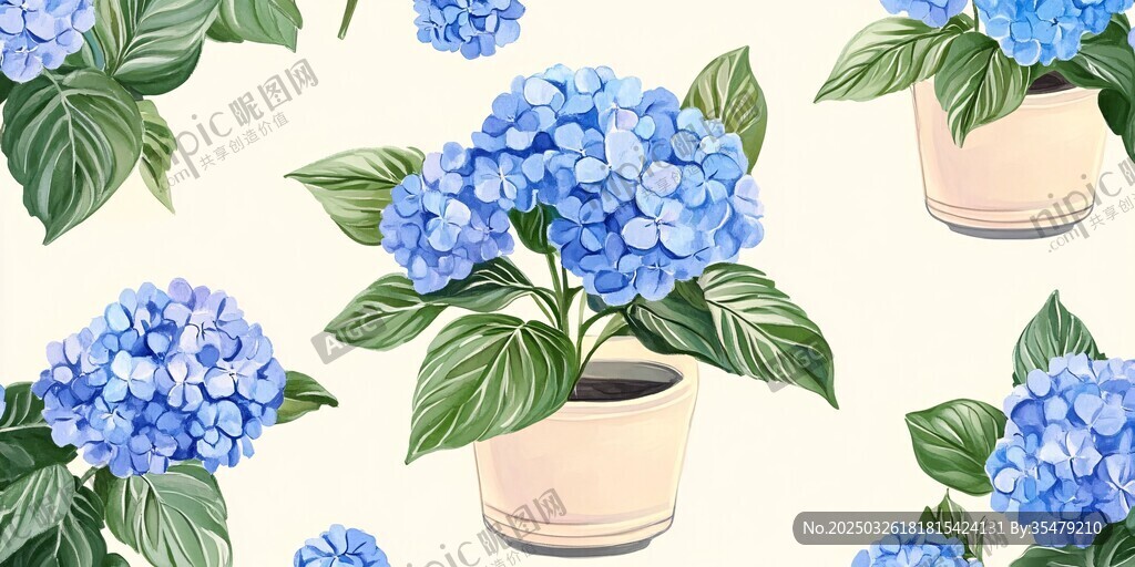 盆栽绣球花无缝图案设计