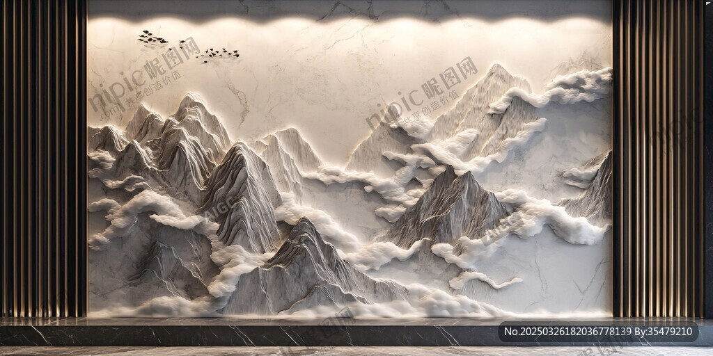 中式山水浮雕艺术背景墙