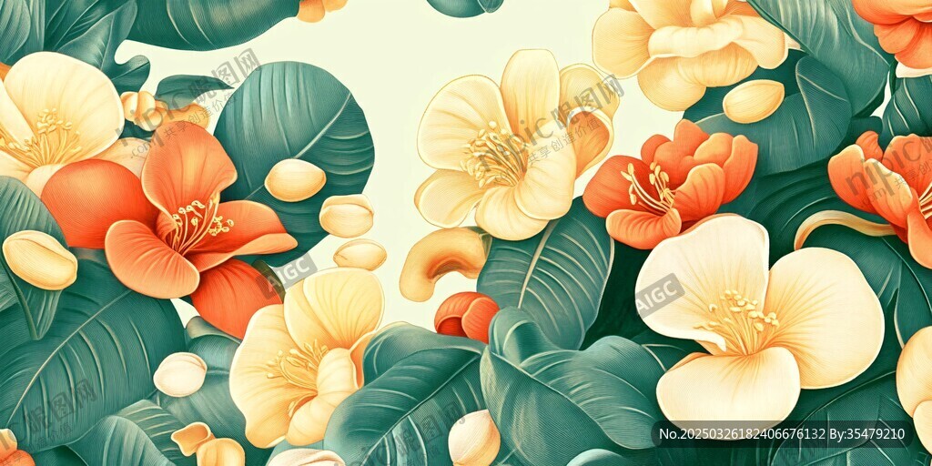 花卉绿叶图案 清新自然风