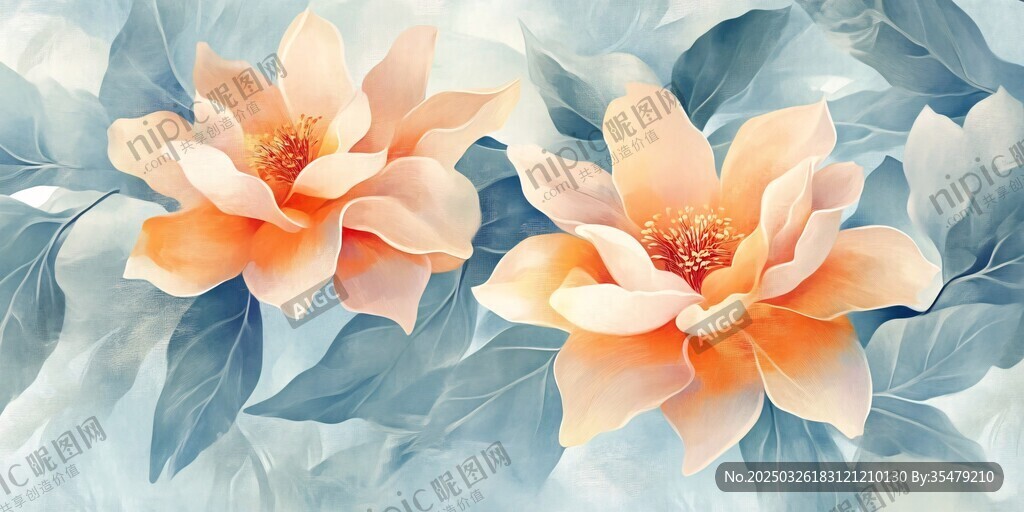 两朵淡橙色花卉水彩画