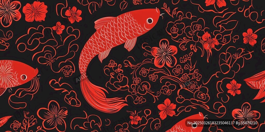 中式红金鱼花卉图案背景