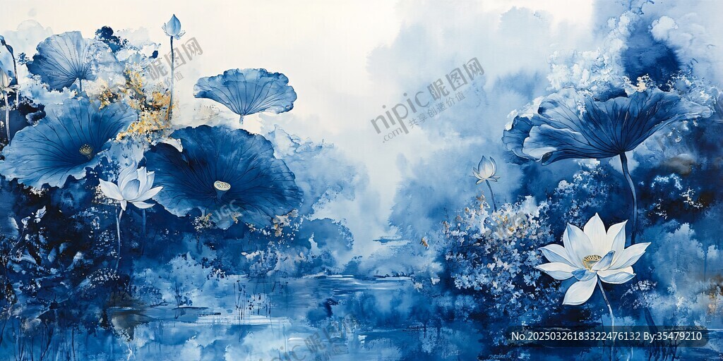 蓝调水墨风荷花梦幻景致