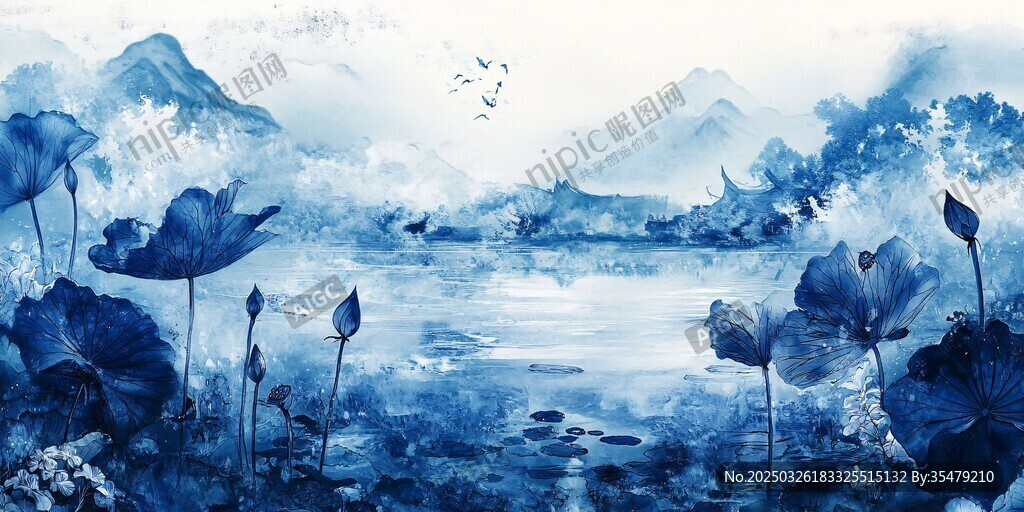 水墨蓝调荷塘山水图