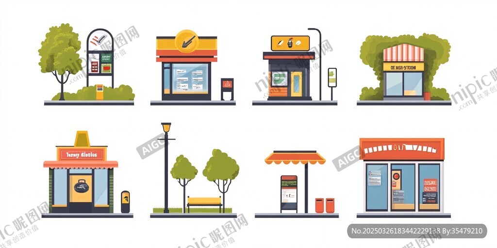 街边店铺与设施插画