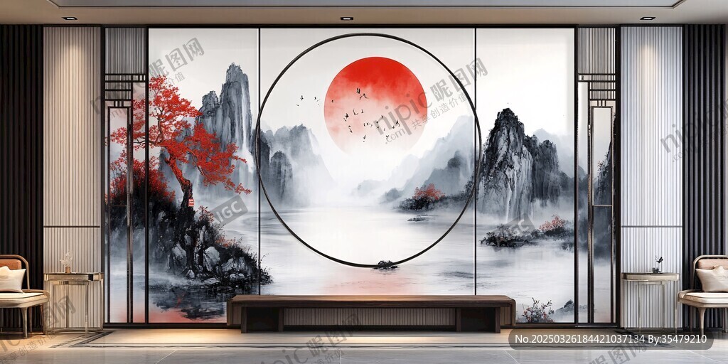 中式山水红日背景墙装饰