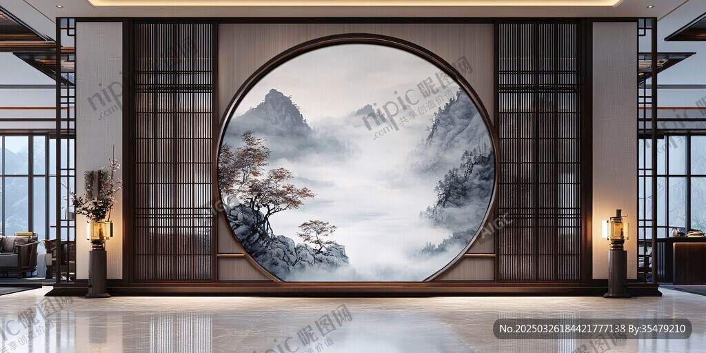 中式山水圆形壁画大厅装饰