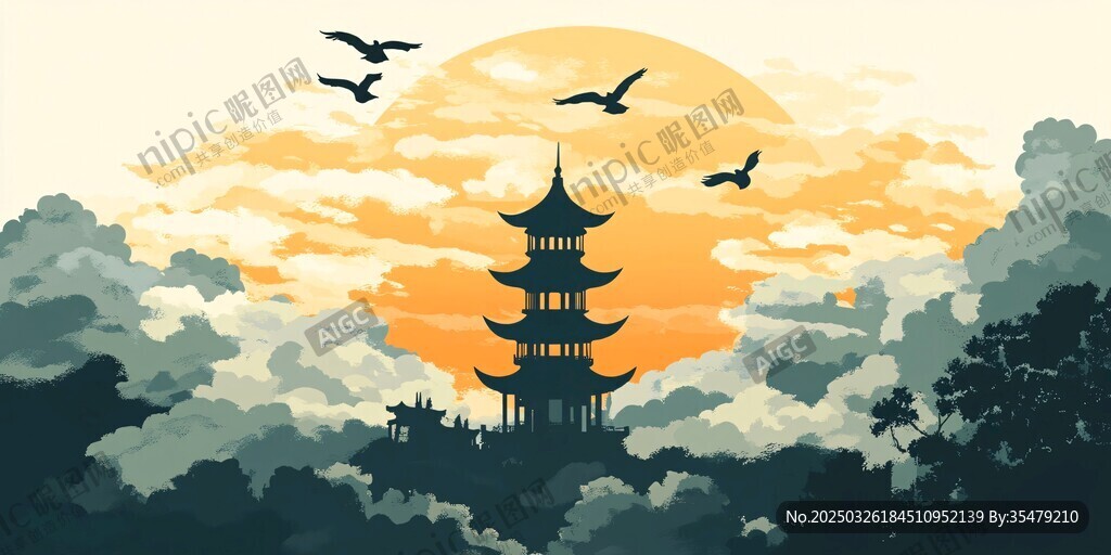 夕阳下的古塔与飞鸟