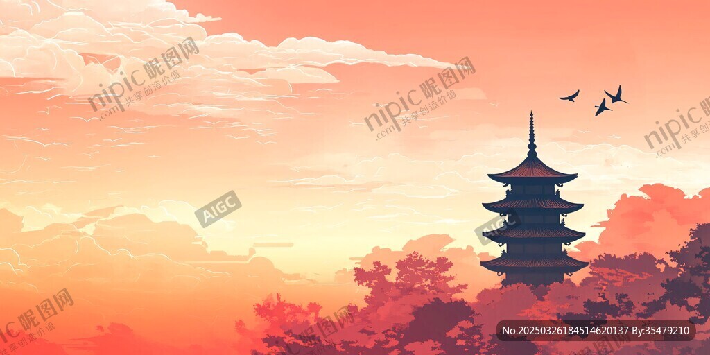 落日下的古塔与飞鸟美景