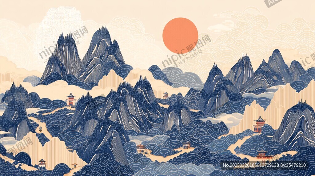 国风山水间的壮丽落日景