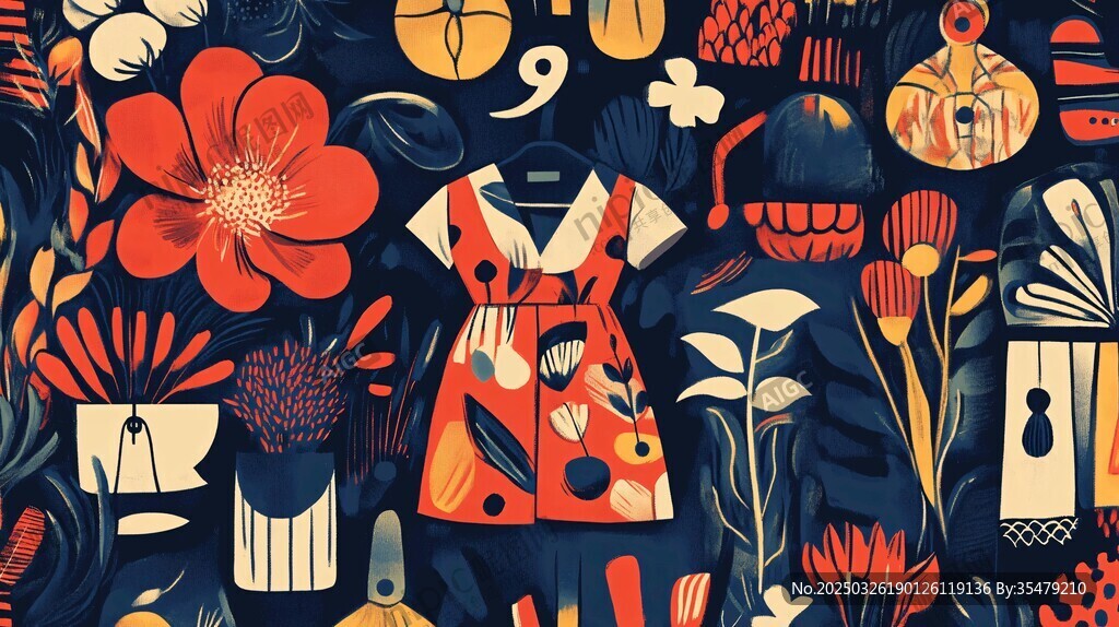 复古花卉与服饰图案插画