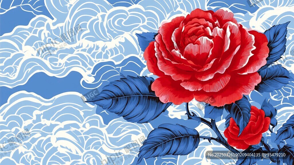 蓝底红花云纹中式插画