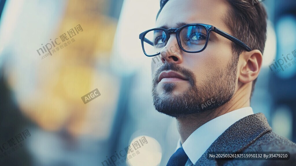 商务男士戴眼镜凝视远方