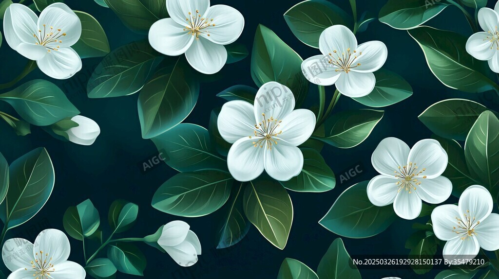 白色花卉绿叶无缝图案
