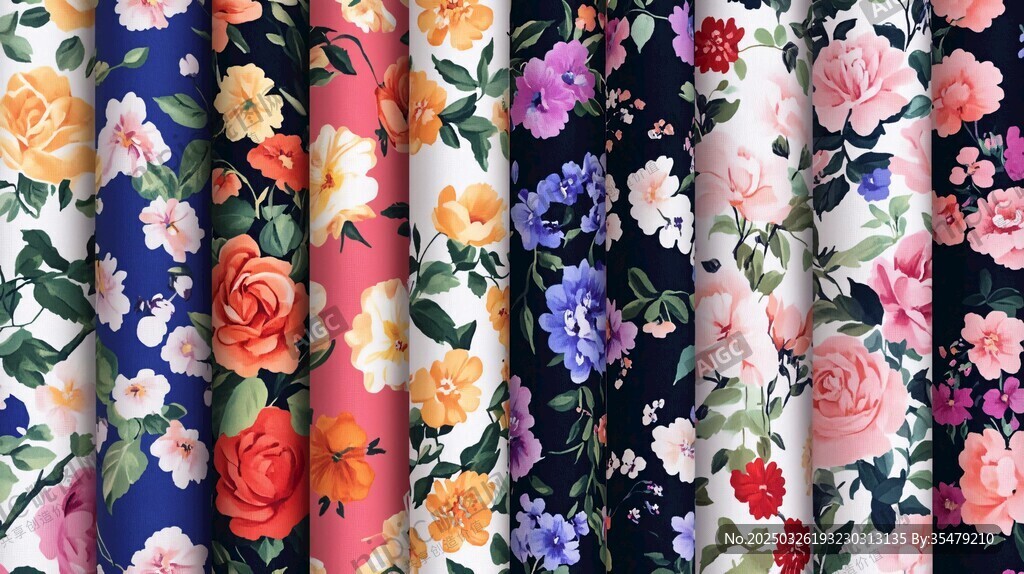 多彩花卉图案布料展示