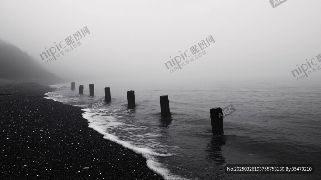 雾中海岸的孤独木桩